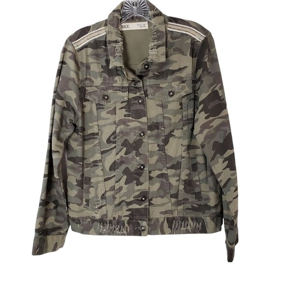 BKE Jackets & Blazers - BKE Distressed Camo Trucker Denim Jacket Army Green W/ Gold Accents